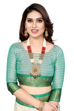 Thumbnail for Vamika Weaving White Cotton Silk Saree (DEVAL GREEN) - Distacart