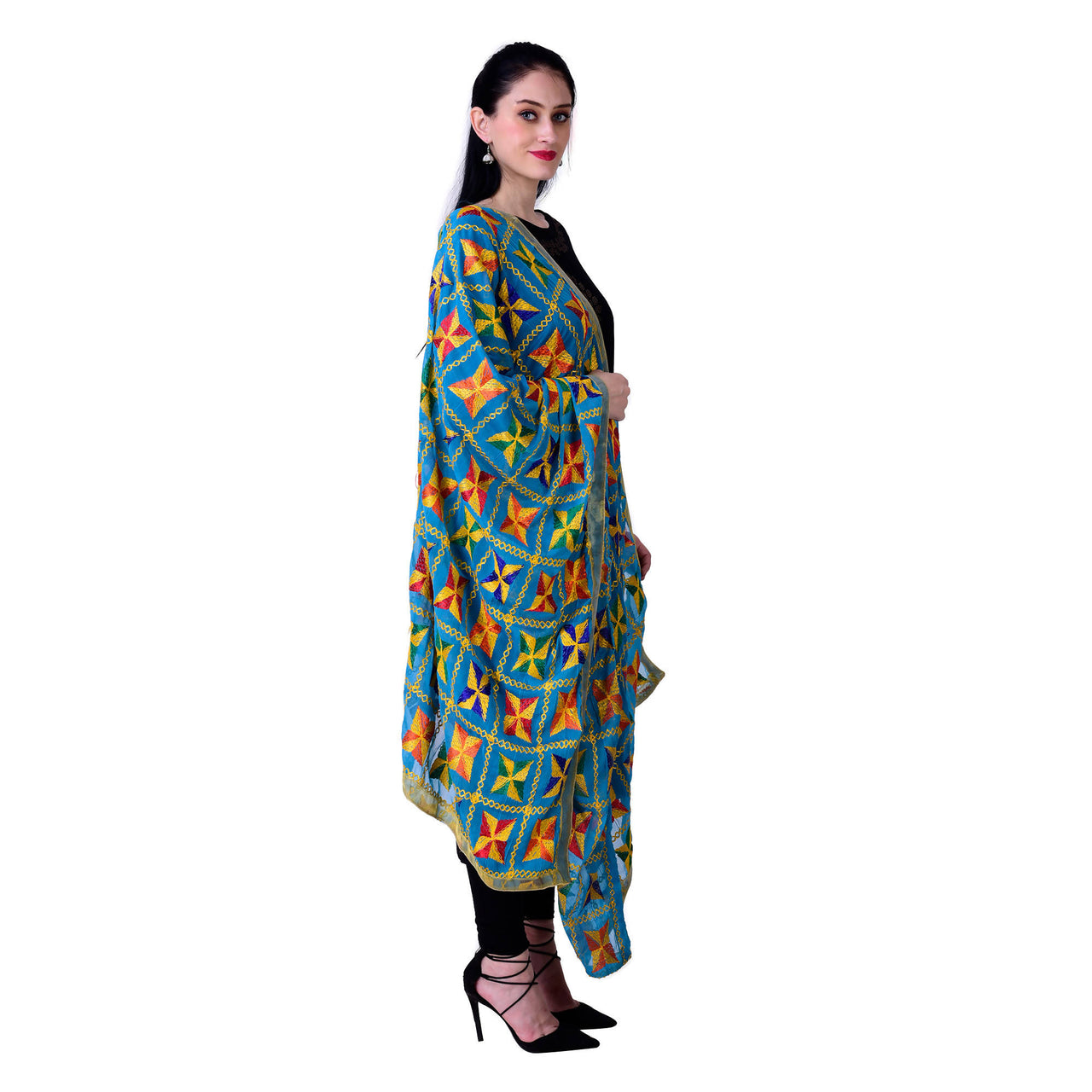 SWI Stylish Women's Embroidered Phulkari Chiffon Turquoise Dupatta