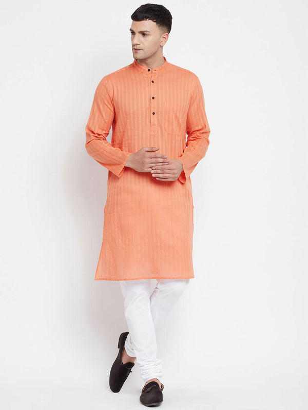 Even Apparels Orange Color Pure Cotton Men's Kurta With Band Collar - Distacart