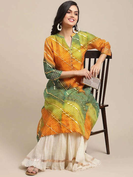 Varanga Mustard Yellow & Green Bandhani Dyed Anarkali Kurta - Distacart