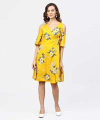 Thumbnail for NOZ2TOZ Printed Asymmetrical A-Line Knotted Belt Style Dress With 3/4th Cold-Shoulder Sleeve - Distacart