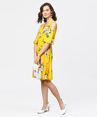 Thumbnail for NOZ2TOZ Printed Asymmetrical A-Line Knotted Belt Style Dress With 3/4th Cold-Shoulder Sleeve - Distacart