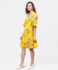 Thumbnail for NOZ2TOZ Printed Asymmetrical A-Line Knotted Belt Style Dress With 3/4th Cold-Shoulder Sleeve - Distacart