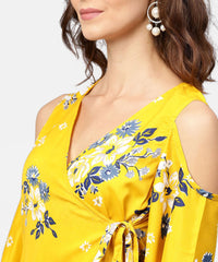 Thumbnail for NOZ2TOZ Printed Asymmetrical A-Line Knotted Belt Style Dress With 3/4th Cold-Shoulder Sleeve - Distacart