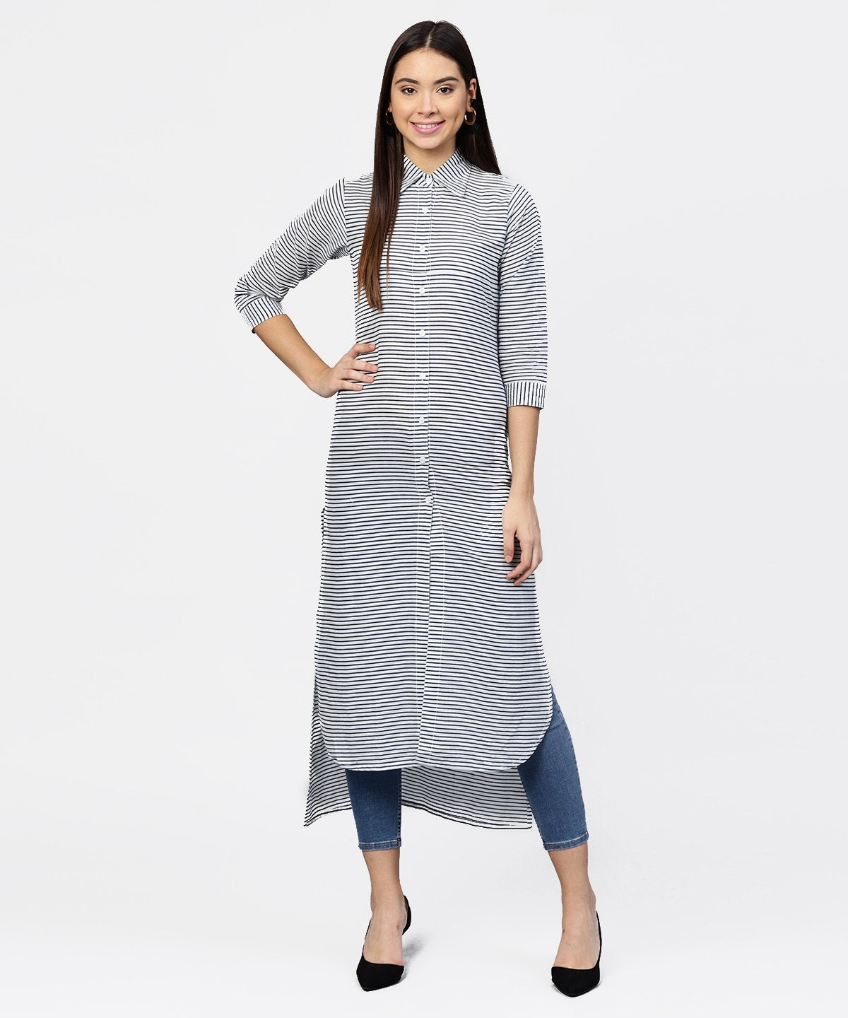 NOZ2TOZ Blue Striped 3/4th Sleeve Cotton Tunic - Distacart