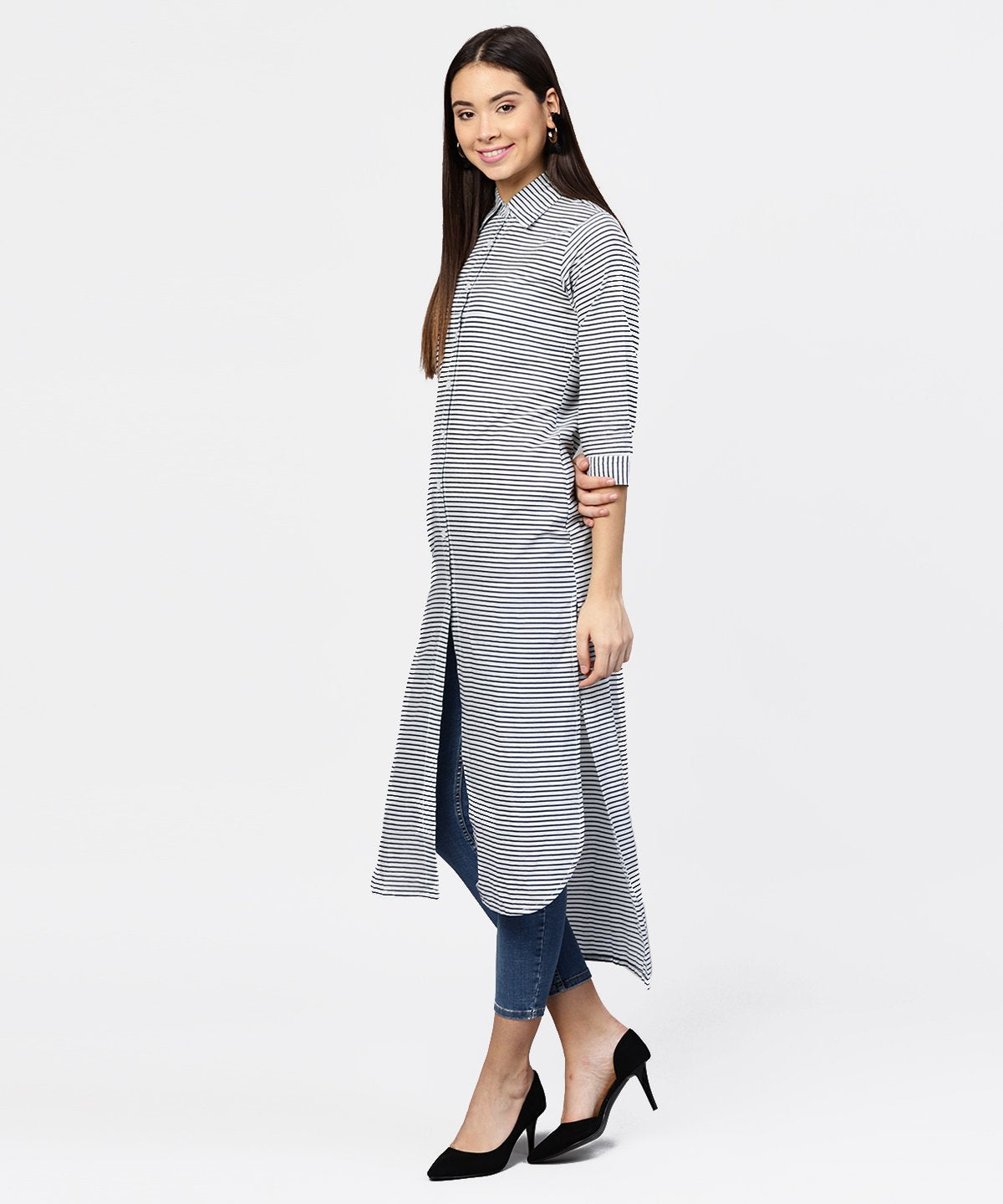 NOZ2TOZ Blue Striped 3/4th Sleeve Cotton Tunic - Distacart
