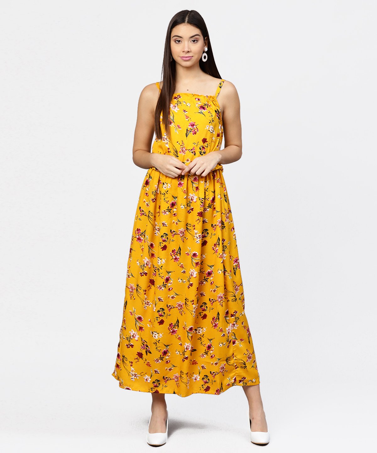 NOZ2TOZ Yellow Printed Shoulder Strapped With A Gather Neckline Maxi Dress - Distacart