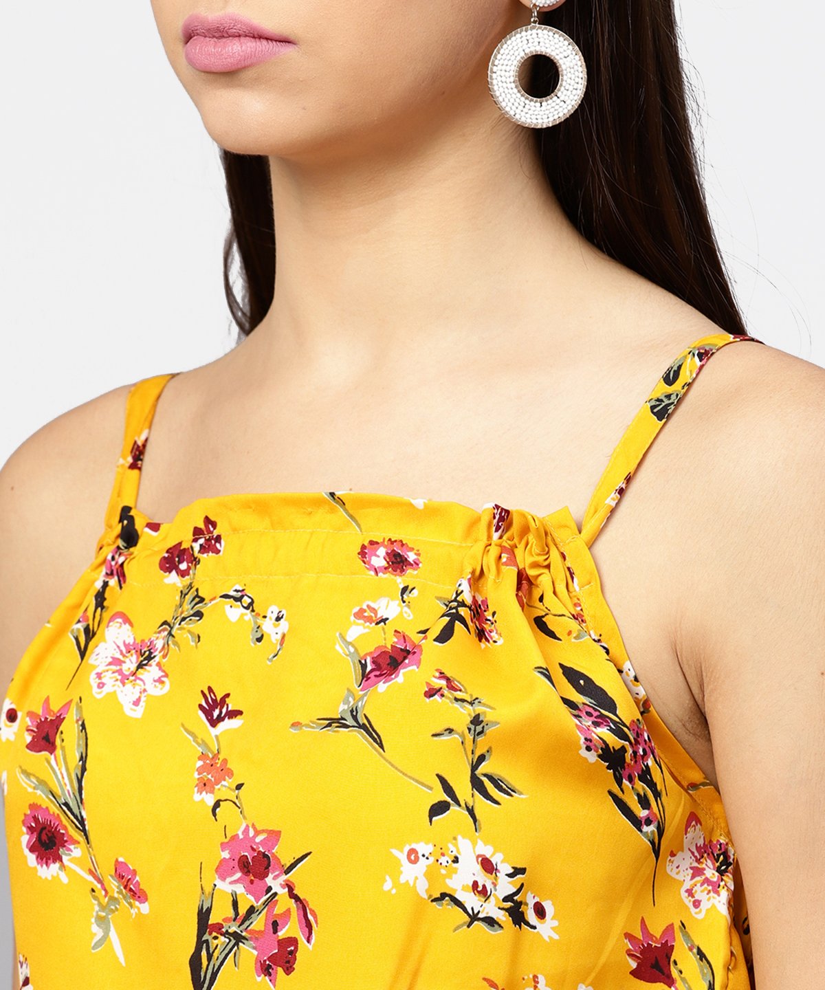 NOZ2TOZ Yellow Printed Shoulder Strapped With A Gather Neckline Maxi Dress - Distacart