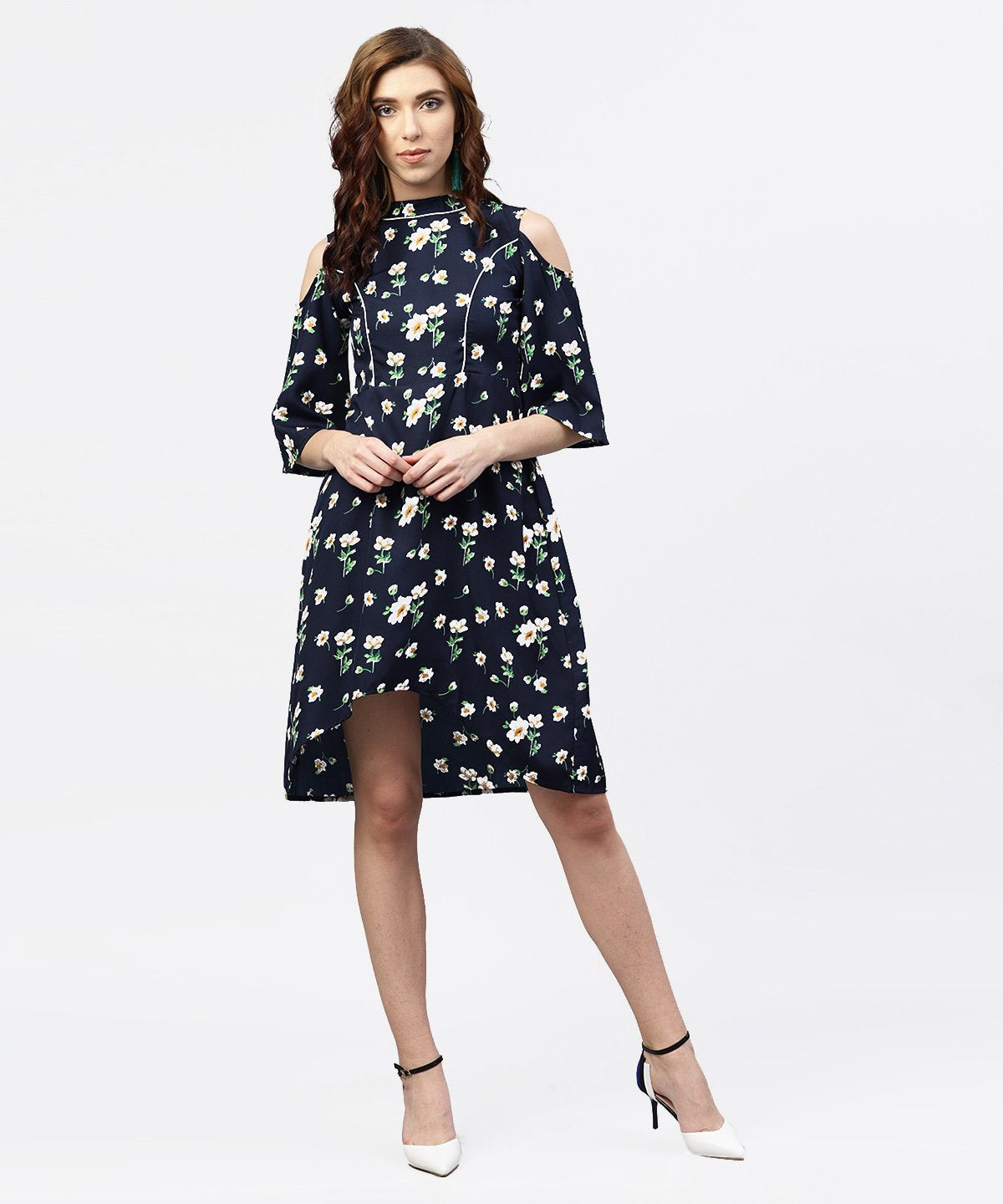 NOZ2TOZ Navy Blue Printed Dress With Round Neck And Cold Shoulders Sleeves - Distacart