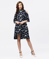 Thumbnail for NOZ2TOZ Navy Blue Printed Dress With Round Neck And Cold Shoulders Sleeves - Distacart