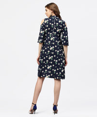 Thumbnail for NOZ2TOZ Navy Blue Printed Dress With Round Neck And Cold Shoulders Sleeves - Distacart