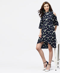 Thumbnail for NOZ2TOZ Navy Blue Printed Dress With Round Neck And Cold Shoulders Sleeves - Distacart