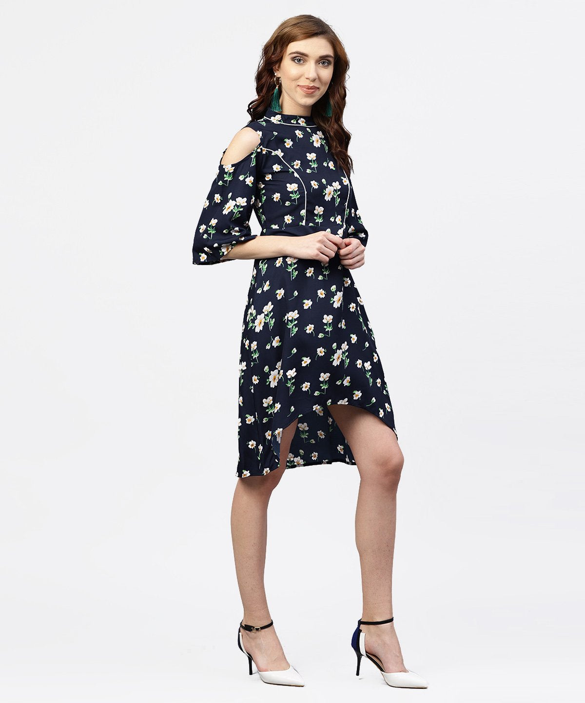 NOZ2TOZ Navy Blue Printed Dress With Round Neck And Cold Shoulders Sleeves - Distacart