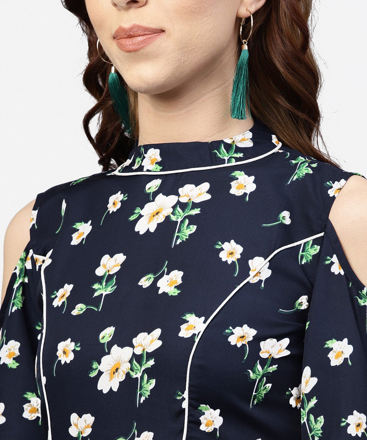 NOZ2TOZ Navy Blue Printed Dress With Round Neck And Cold Shoulders Sleeves - Distacart