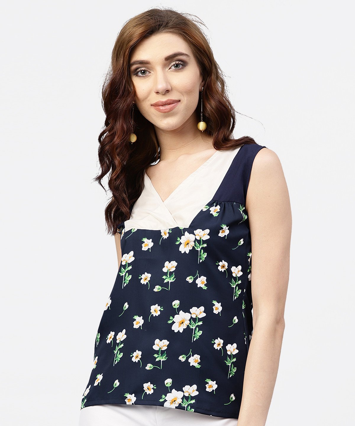 NOZ2TOZ Navy Blue Floral Printed Sleevless Top With Front Yoke And V-Neck - Distacart