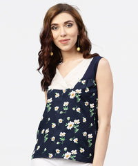 Thumbnail for NOZ2TOZ Navy Blue Floral Printed Sleevless Top With Front Yoke And V-Neck - Distacart