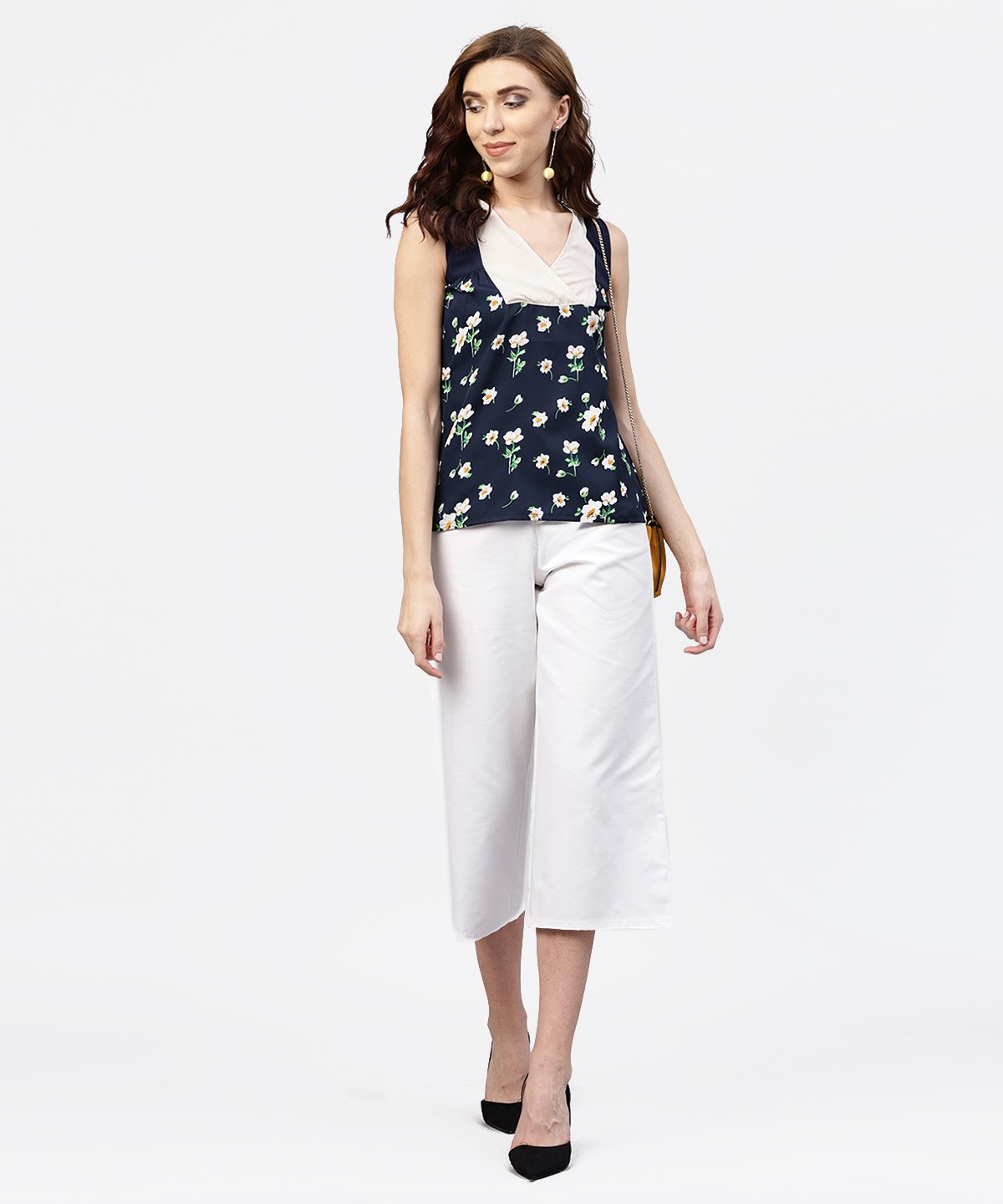 NOZ2TOZ Navy Blue Floral Printed Sleevless Top With Front Yoke And V-Neck - Distacart