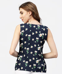 Thumbnail for NOZ2TOZ Navy Blue Floral Printed Sleevless Top With Front Yoke And V-Neck - Distacart