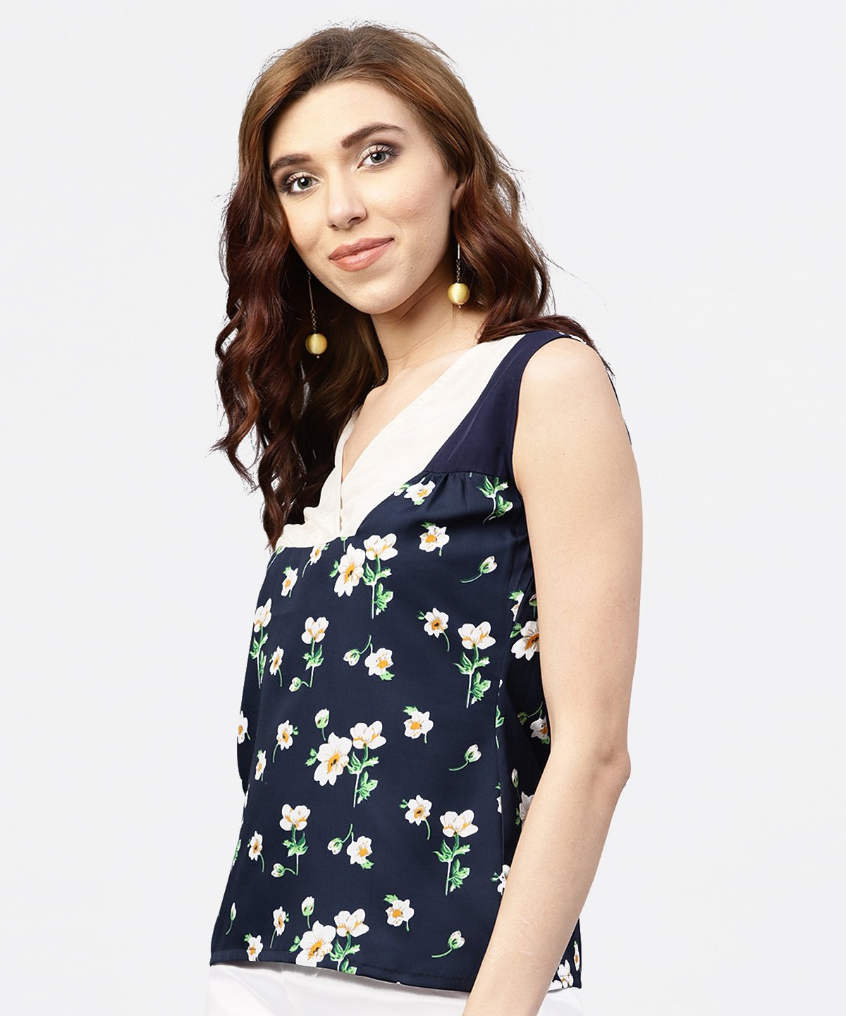 NOZ2TOZ Navy Blue Floral Printed Sleevless Top With Front Yoke And V-Neck - Distacart