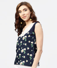 Thumbnail for NOZ2TOZ Navy Blue Floral Printed Sleevless Top With Front Yoke And V-Neck - Distacart
