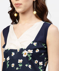 Thumbnail for NOZ2TOZ Navy Blue Floral Printed Sleevless Top With Front Yoke And V-Neck - Distacart