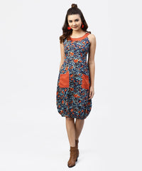Thumbnail for NOZ2TOZ Navy Blue Printed Ballon Dress With Roud Neck And Front Patch Pocket - Distacart