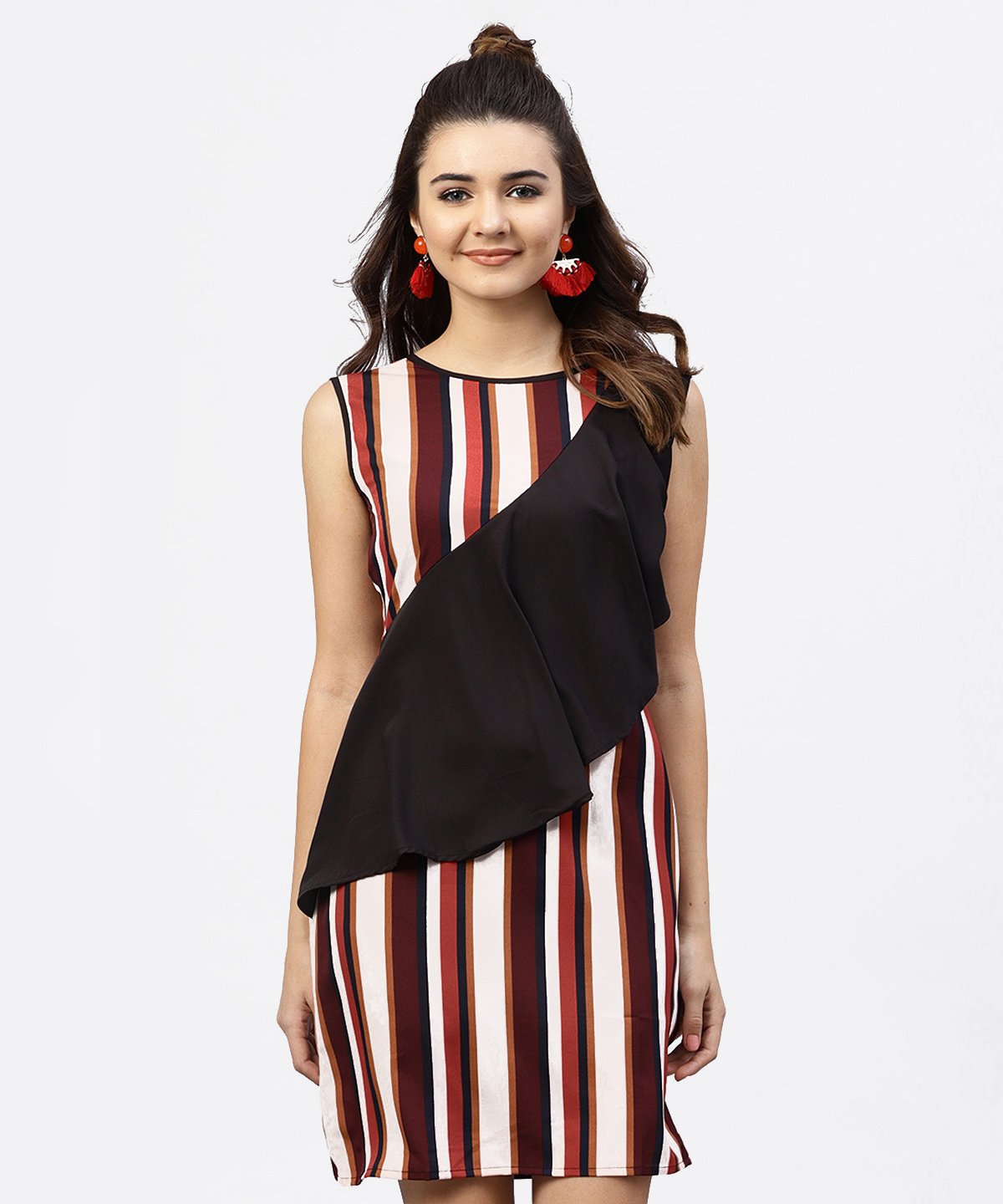 NOZ2TOZ Multi Striped Sleeveless Dress With Round Neck - Distacart