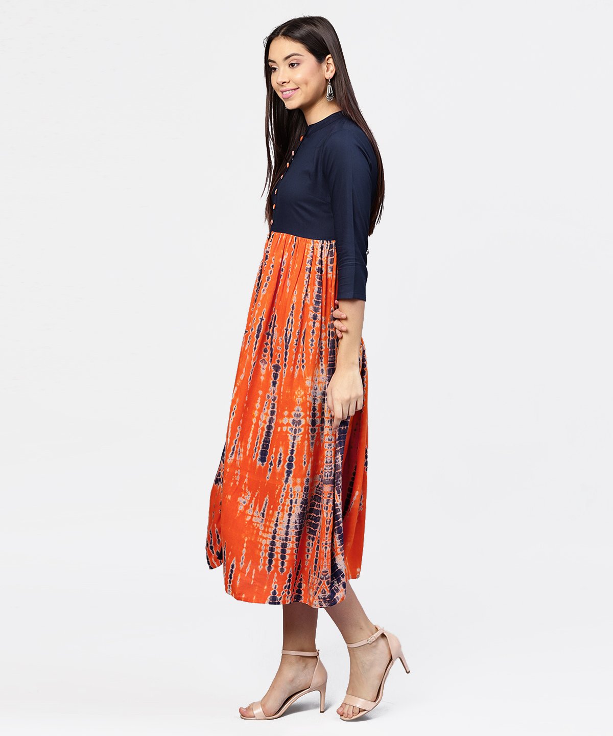 NOZ2TOZ Printed Tye-Dye Chinese Collared 3/4th Sleeves Maxi Dress - Distacart
