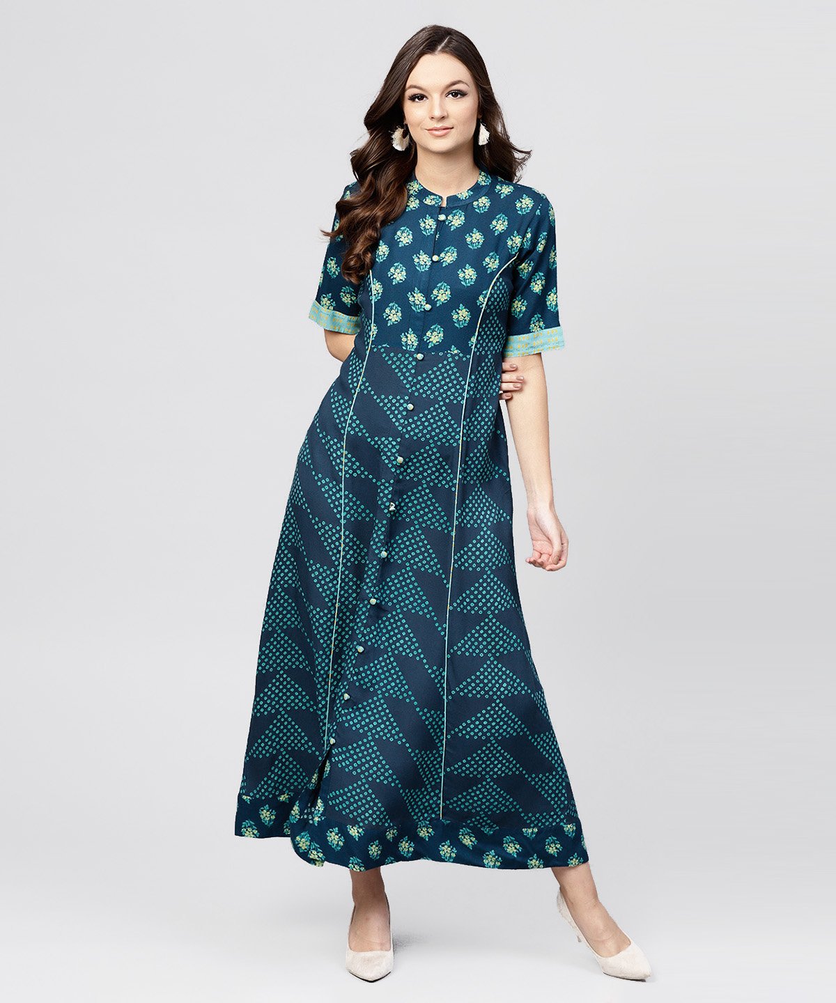NOZ2TOZ Blue Printed Panelled Cut A-Line Kurta With Printed Yoke And Front Placket - Distacart