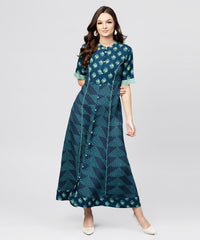 Thumbnail for NOZ2TOZ Blue Printed Panelled Cut A-Line Kurta With Printed Yoke And Front Placket - Distacart