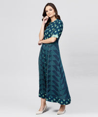 Thumbnail for NOZ2TOZ Blue Printed Panelled Cut A-Line Kurta With Printed Yoke And Front Placket - Distacart