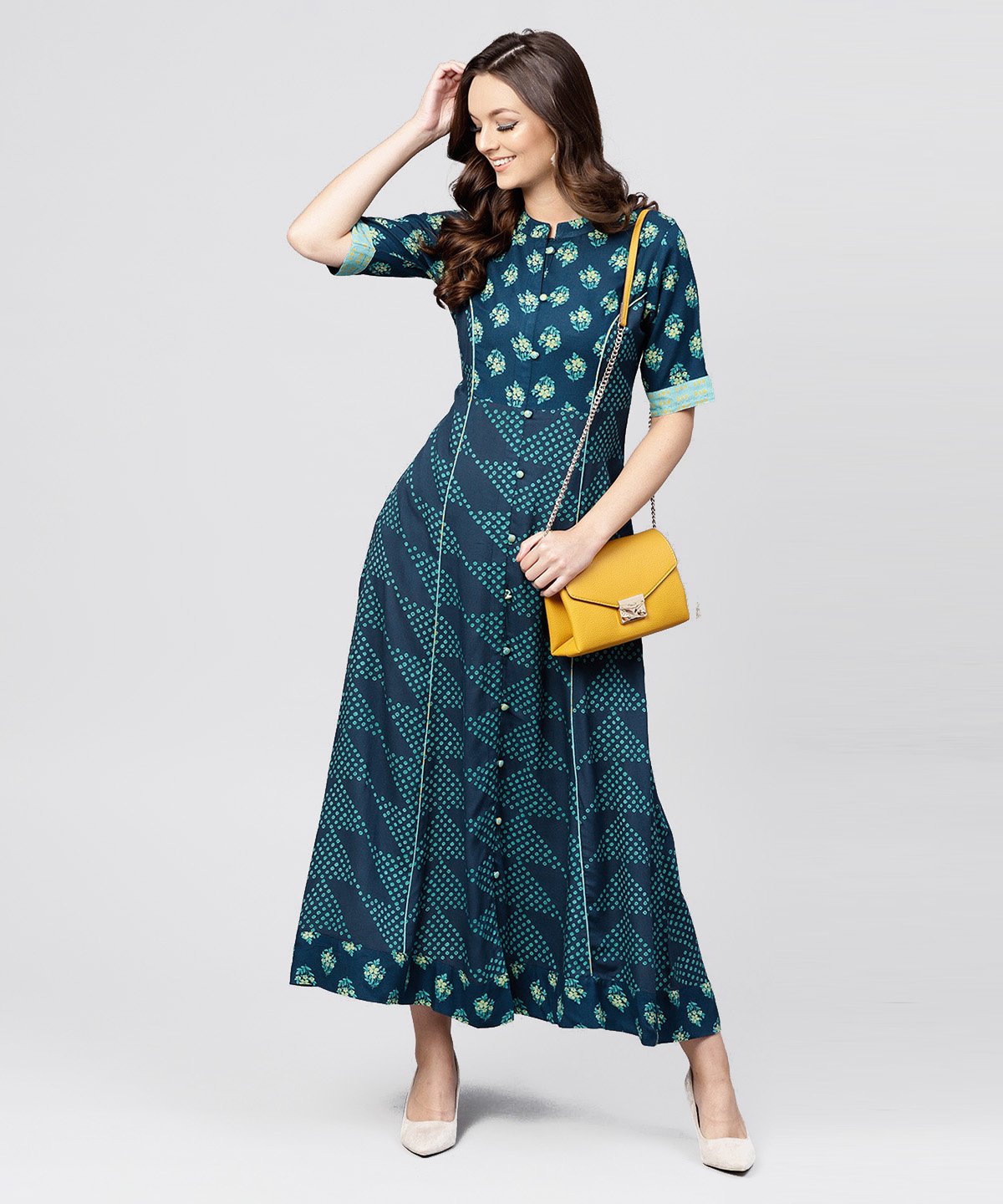 NOZ2TOZ Blue Printed Panelled Cut A-Line Kurta With Printed Yoke And Front Placket - Distacart