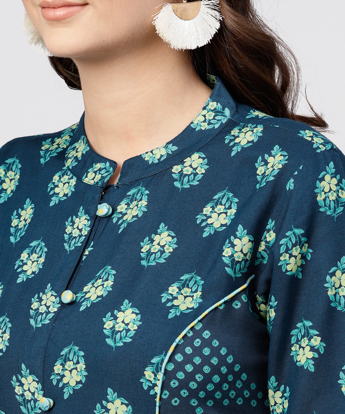 NOZ2TOZ Blue Printed Panelled Cut A-Line Kurta With Printed Yoke And Front Placket - Distacart