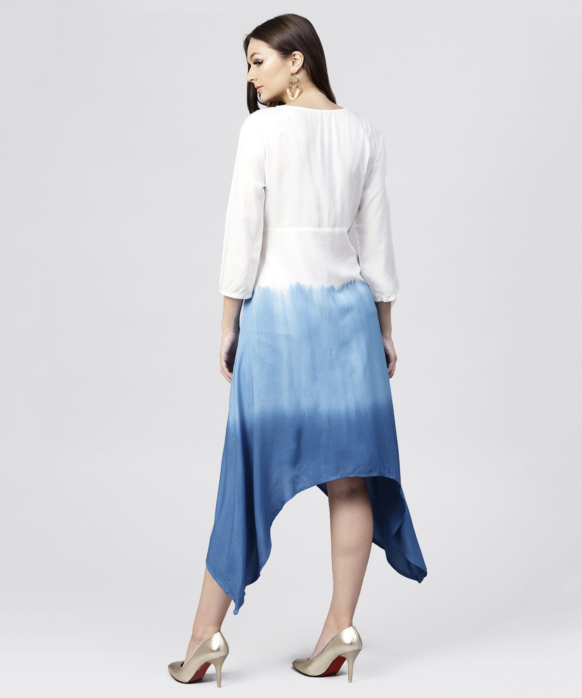 NOZ2TOZ White Rayon Asymmetric Maxi Dress Dyed Blue With 3/4 Sleeves - Distacart