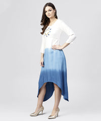 Thumbnail for NOZ2TOZ White Rayon Asymmetric Maxi Dress Dyed Blue With 3/4 Sleeves - Distacart