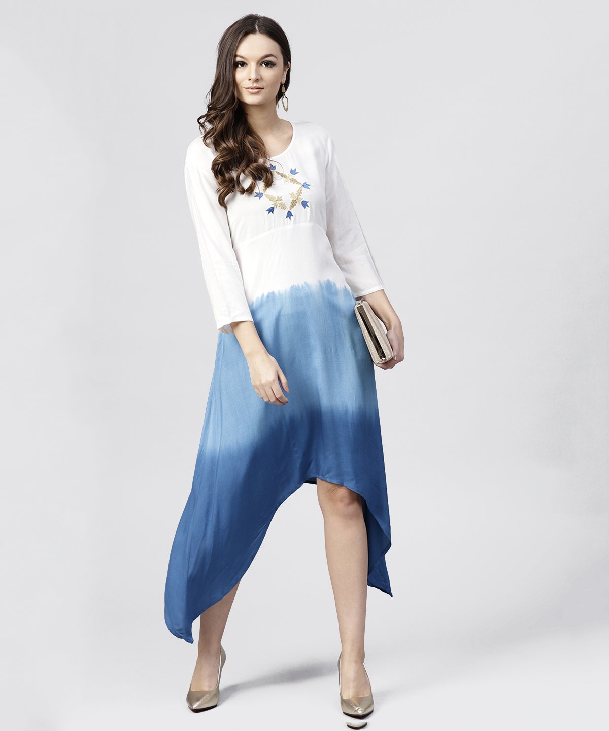 NOZ2TOZ White Rayon Asymmetric Maxi Dress Dyed Blue With 3/4 Sleeves - Distacart