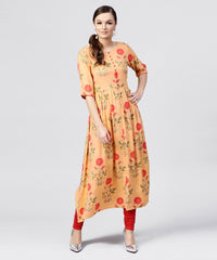 Thumbnail for NOZ2TOZ Peach Rayon Calf Length Kurta With Round Neck Front Placket - Distacart