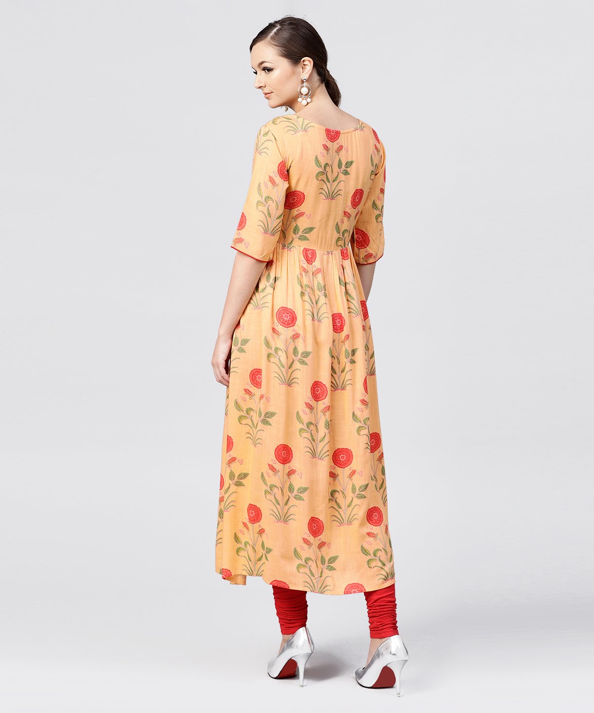 NOZ2TOZ Peach Rayon Calf Length Kurta With Round Neck Front Placket - Distacart
