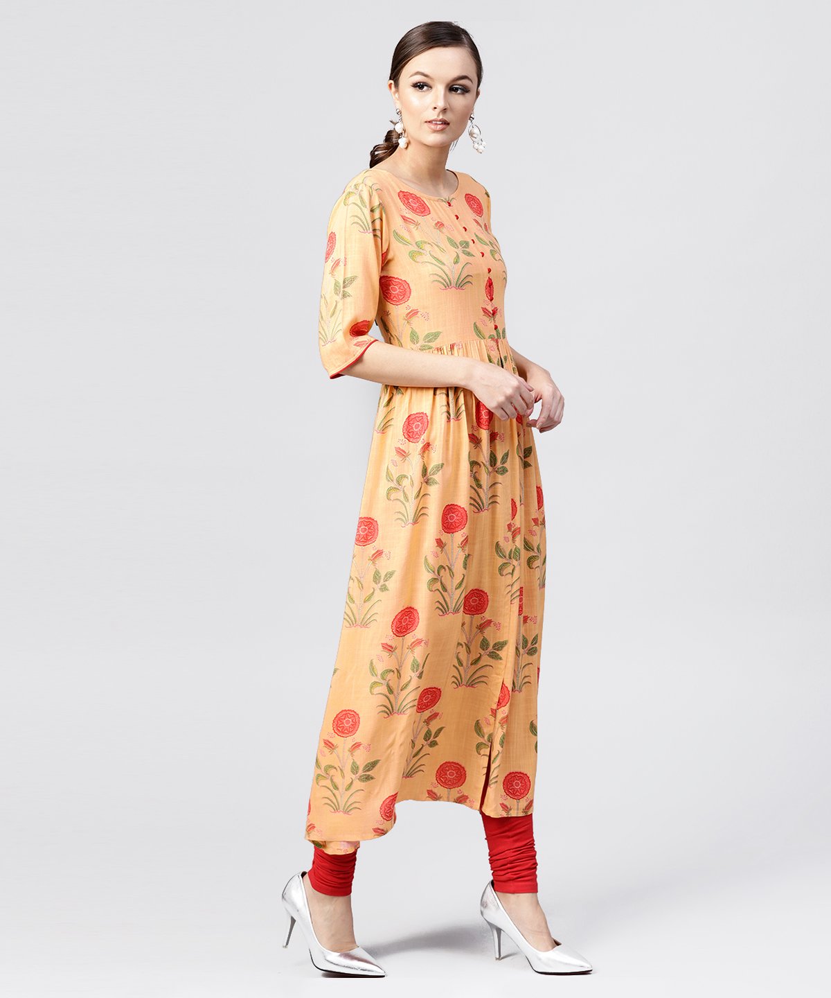 NOZ2TOZ Peach Rayon Calf Length Kurta With Round Neck Front Placket - Distacart