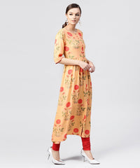 Thumbnail for NOZ2TOZ Peach Rayon Calf Length Kurta With Round Neck Front Placket - Distacart