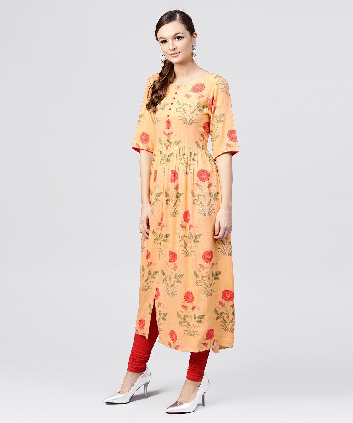 NOZ2TOZ Peach Rayon Calf Length Kurta With Round Neck Front Placket - Distacart