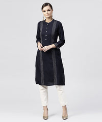 Thumbnail for NOZ2TOZ Navy Blue Round Neck Kurta With 3/4 Sleeves And Front Placket - Distacart