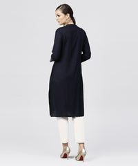 Thumbnail for NOZ2TOZ Navy Blue Round Neck Kurta With 3/4 Sleeves And Front Placket - Distacart