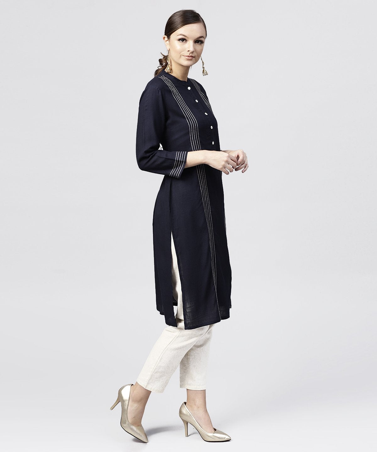 NOZ2TOZ Navy Blue Round Neck Kurta With 3/4 Sleeves And Front Placket - Distacart