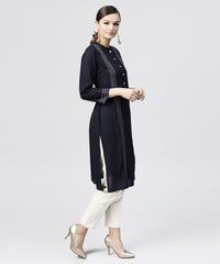 Thumbnail for NOZ2TOZ Navy Blue Round Neck Kurta With 3/4 Sleeves And Front Placket - Distacart