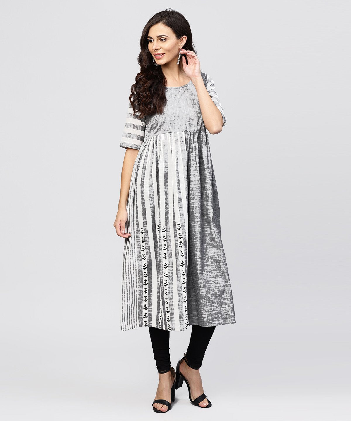 NOZ2TOZ Grey And White Stripes Handloom Calf Length Kurta With Round Neck And Half Sleeves - Distacart