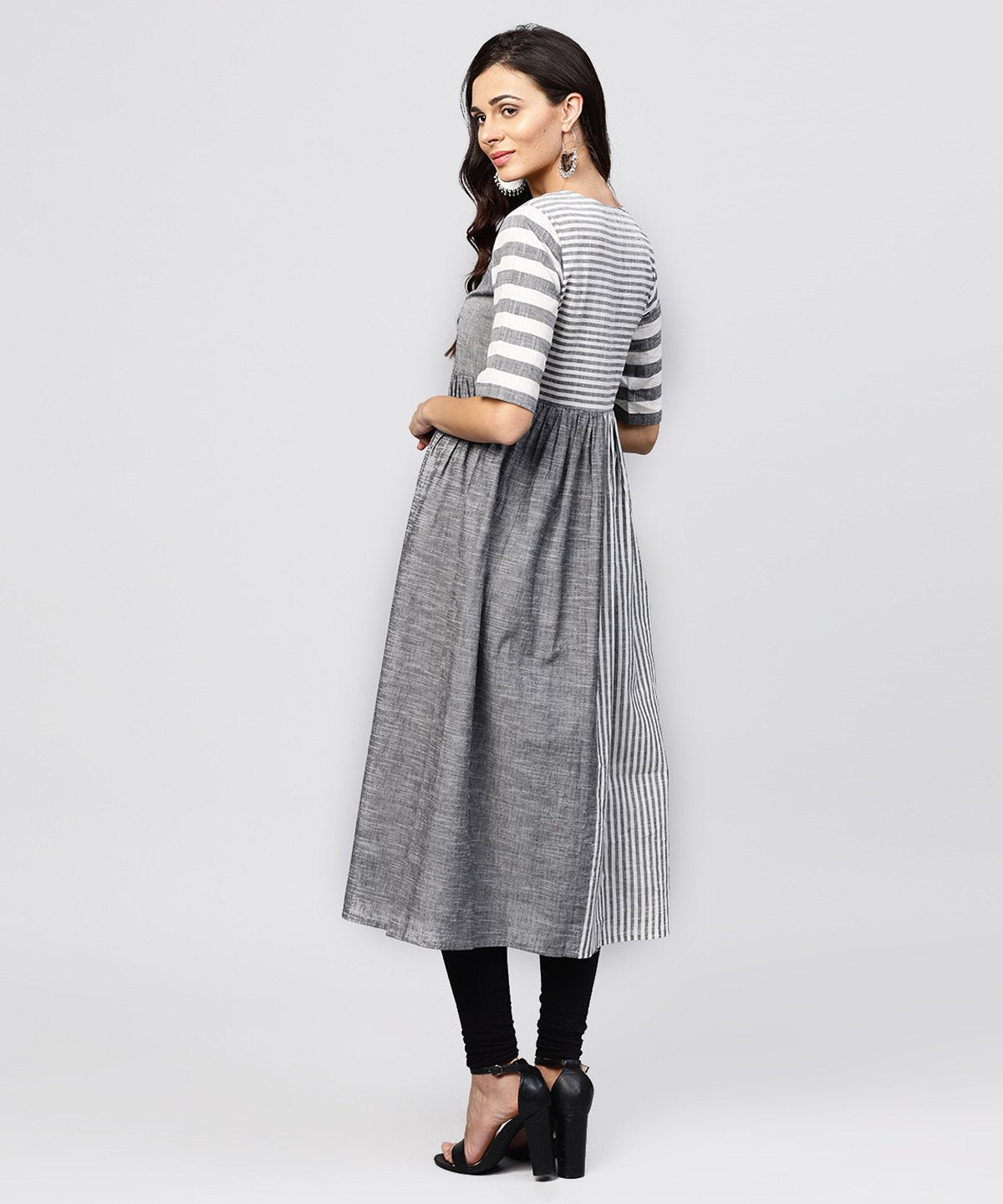 NOZ2TOZ Grey And White Stripes Handloom Calf Length Kurta With Round Neck And Half Sleeves - Distacart