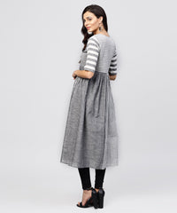 Thumbnail for NOZ2TOZ Grey And White Stripes Handloom Calf Length Kurta With Round Neck And Half Sleeves - Distacart