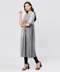 Thumbnail for NOZ2TOZ Grey And White Stripes Handloom Calf Length Kurta With Round Neck And Half Sleeves - Distacart