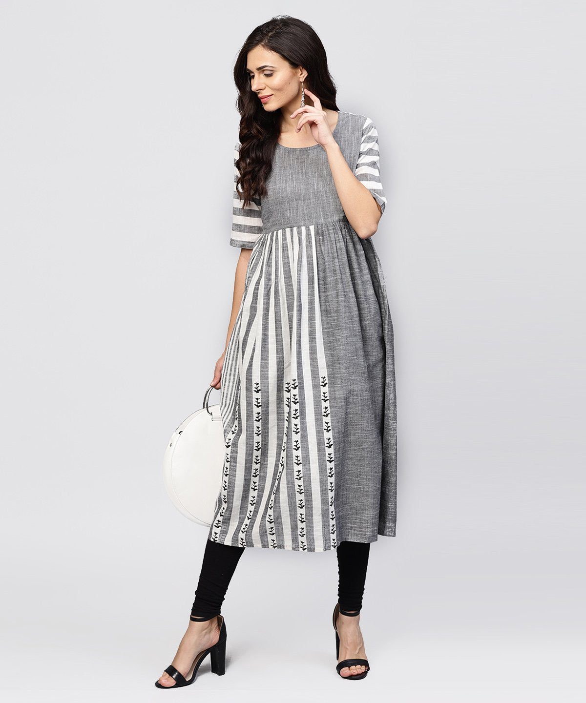 NOZ2TOZ Grey And White Stripes Handloom Calf Length Kurta With Round Neck And Half Sleeves - Distacart